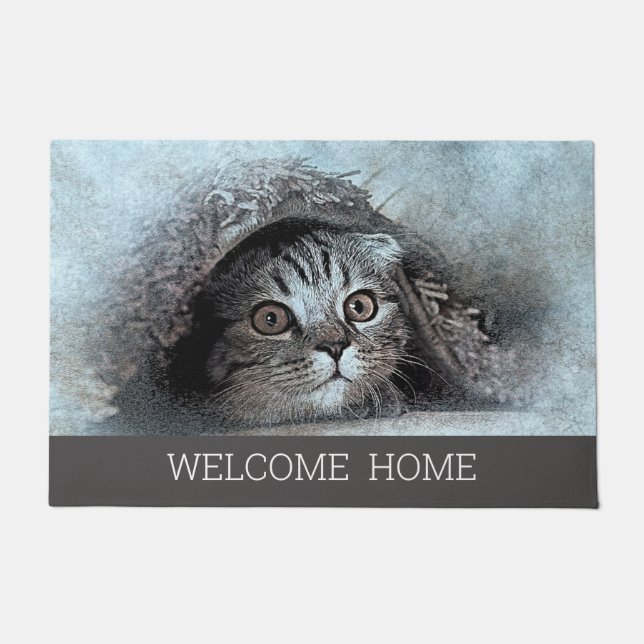 Custom Photo cat kitty welcome home grey Doormat (Front)