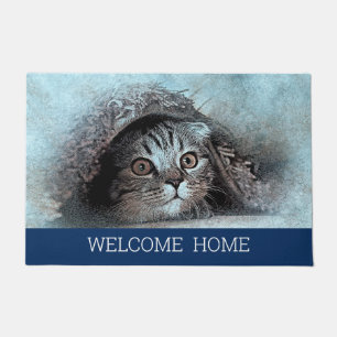 Custom Photo cat kitty welcome home navy blue Doormat