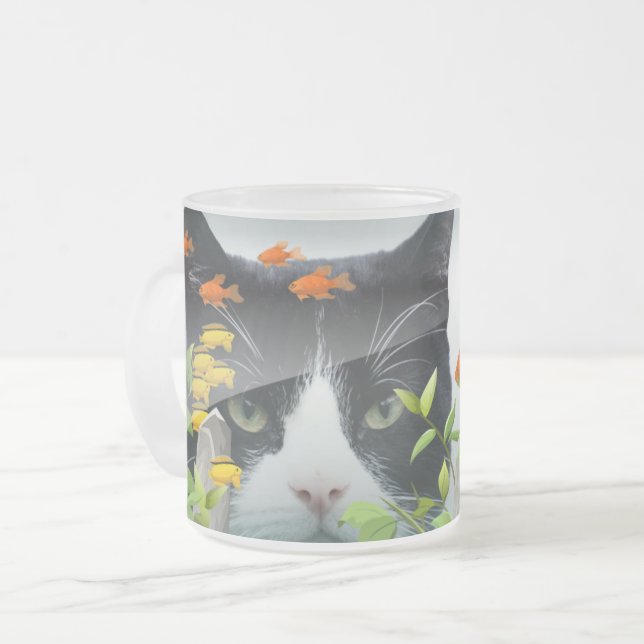 Custom Photo Cat Peering in Fish Tank Frosted Glass Coffee Mug (Front Left)