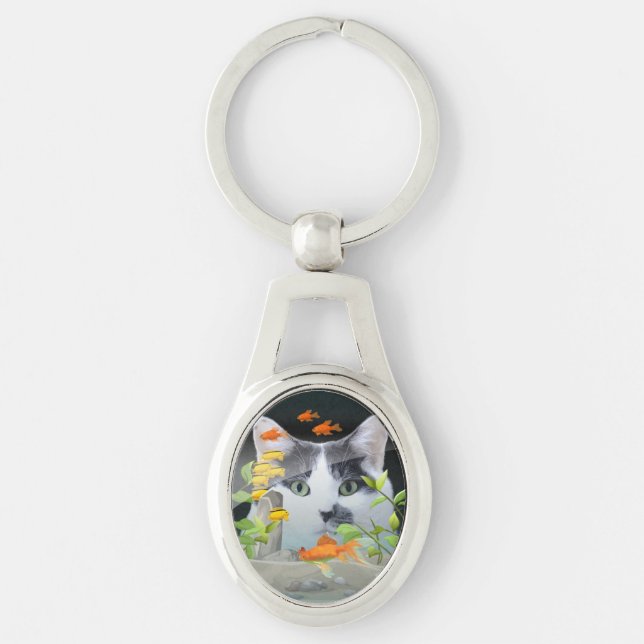Custom Photo Cat Peering in Fish Tank Key Ring (Front)