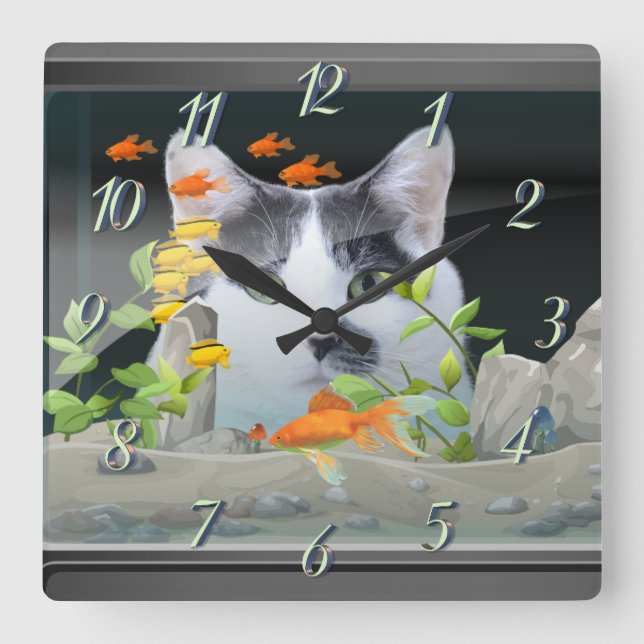 Custom Photo Cat Peering in Fish Tank Square Wall Clock (Front)