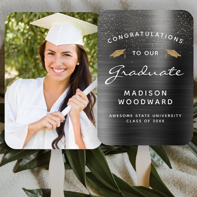 Custom Photo Charcoal Grey Metallic Graduation Hand Fan (Creator Uploaded)