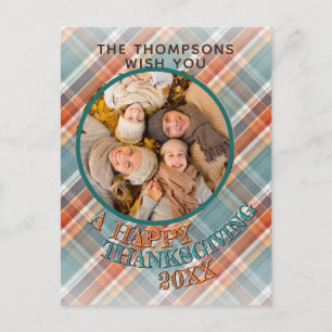 Custom Photo Cheerful Thanksgiving Plaid Pattern Postcard