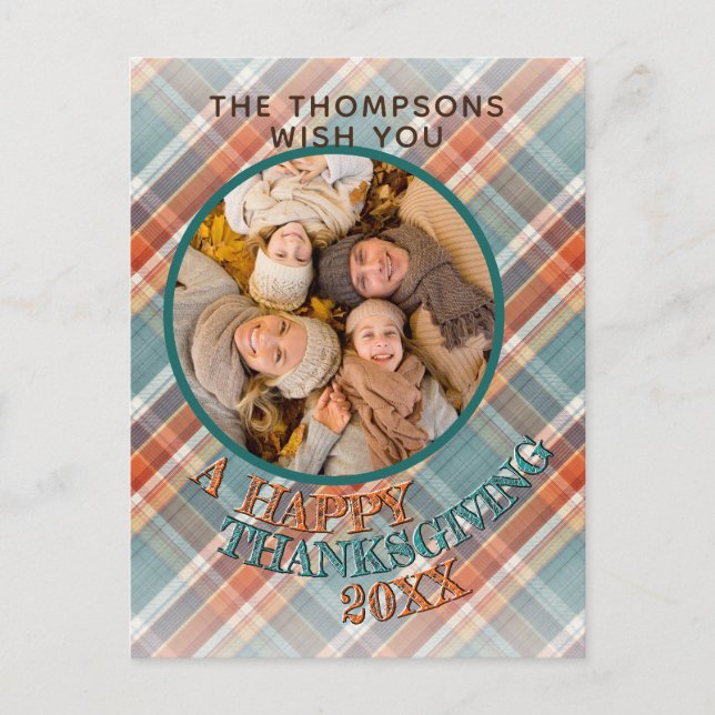 Custom Photo Cheerful Thanksgiving Plaid Pattern Postcard (Front)