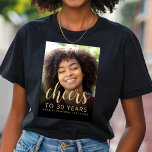 Custom Photo Cheers 30th Birthday Party T-Shirt<br><div class="desc">This 30th birthday party t-shirt features the guest of honour's photo with a gold-coloured text overlay. The word "cheers" appears in elegant gold-coloured calligraphy script, followed by "to 30 years" and the guest of honour's name and birthday in sans serif font. A dark screen helps make the text pop. A...</div>