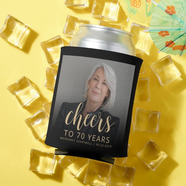 Custom Photo Cheers 70th Birthday Party Can Cooler (In Situ Summer)