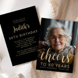 Custom Photo Cheers 80th Birthday Party Invitation<br><div class="desc">The front of this 80th birthday invitation features the guest of honour's photo with a gold-coloured text overlay. The word "cheers" appears in elegant gold-coloured calligraphy script, followed by "to 80 years" and the guest of honour's name and birthday in sans serif font. A dark screen helps make the text...</div>