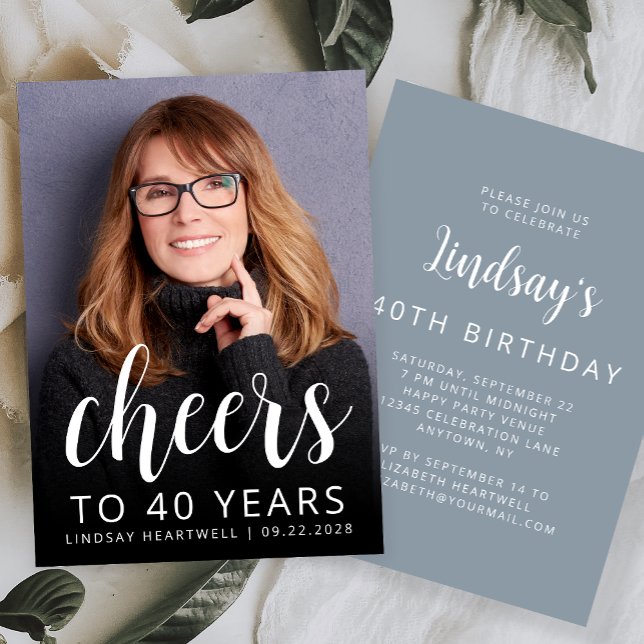 Custom Photo Cheers Dusty Blue 40th Birthday Party Invitation (Creator Uploaded)
