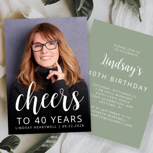 Custom Photo Cheers Sage Green 40th Birthday Party Invitation (Creator Uploaded)