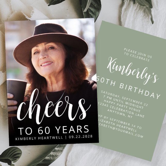 Custom Photo Cheers Sage Green 60th Birthday Party Invitation (Creator Uploaded)