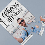 Custom photo cheers to 40 years birthday keepsake jigsaw puzzle<br><div class="desc">Modern trendy simple black and white cheers to 40 years script milestone / any age men birthday keepsake gift puzzle with brushed handwritten typography.            Easy to personalise with your photo,  age,  name and date!</div>
