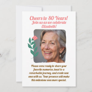 Custom Photo Cheers to 80 Years 80th Birthday Invitation