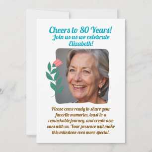 Custom Photo Cheers to 80 Years 80th Birthday Invitation