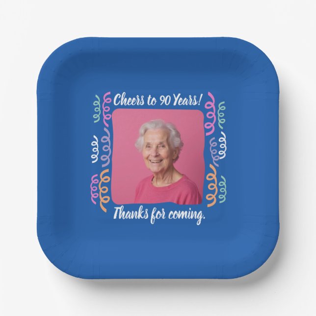 Custom Photo Cheers to 90 Years Birthday Streamers Paper Plate (Front)