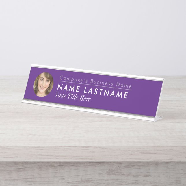 Custom Photo Chic Purple Business Elegant Modern Desk Name Plate (Front)