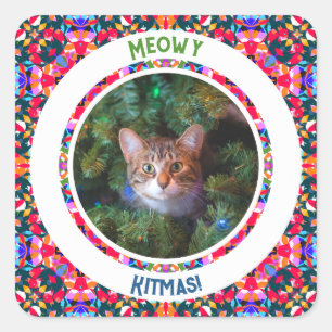 Custom Photo Christmas Cat Dad Papa Colourful Gift Square Sticker