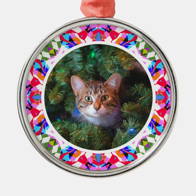 Custom Photo Christmas Cat Mom Mum Dad Colourful Metal Tree Decoration (Front)