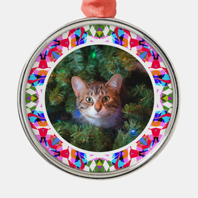 Custom Photo Christmas Cat Mom Mum Dad Colourful Metal Tree Decoration (Front)
