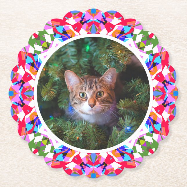 Custom Photo Christmas Cat Mom Mum Dad Colourful Paper Coaster (Front)