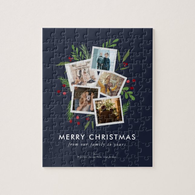 Custom Photo Christmas Collage Modern Holly Navy Jigsaw Puzzle (Vertical)