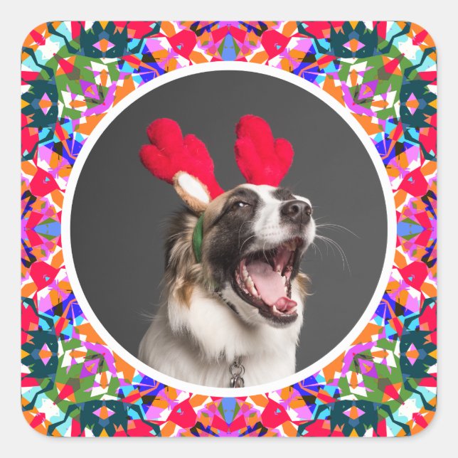 Custom Photo Christmas Dog Mum Dad Scrapbook Square Sticker (Front)