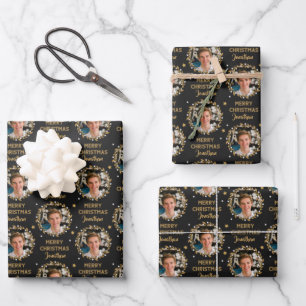 Custom Photo Christmas Gift Wrap Black Gold