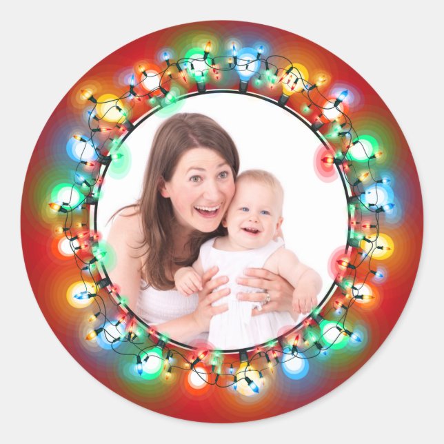 Custom Photo Christmas Holiday Light Bulbs Classic Round Sticker (Front)