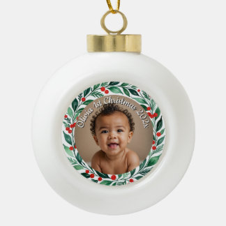 custom photo christmas holly ceramic ornament