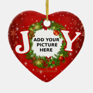 Custom photo Christmas JOY add your picture wreath Ceramic Tree Decoration
