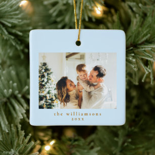 Custom Photo Christmas Minimal Blue Simple Family Ceramic Ornament