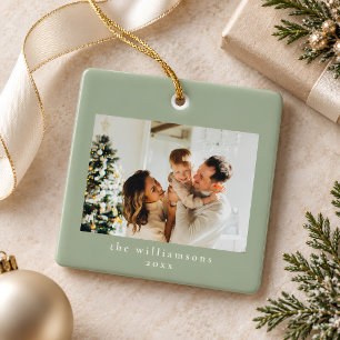 Custom Photo Christmas Minimalist Family Sage Ceramic Ornament