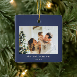 Custom Photo Christmas Navy Blue Simple Family Ceramic Ornament
