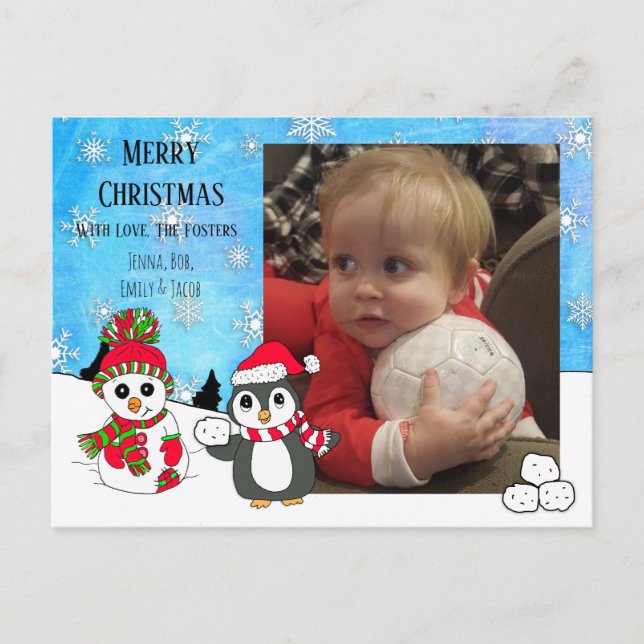 Custom Photo Christmas Penguin and Snowman Postcard (Front)
