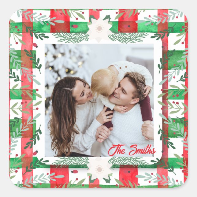Custom Photo Christmas Personalised Family Name  Square Sticker (Front)
