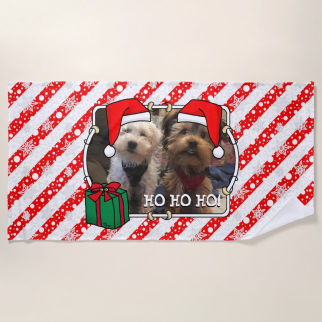 Custom Photo Christmas Santa Hat Pet HO HO HO Beach Towel (Front)