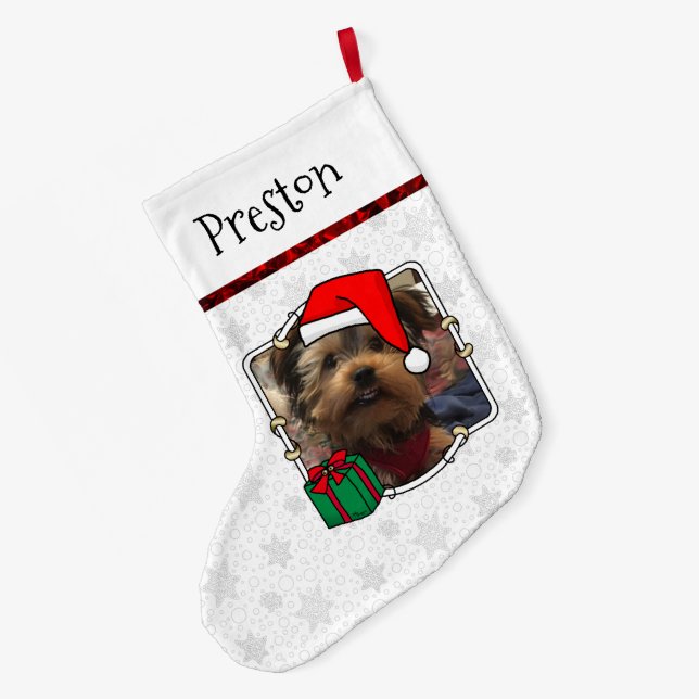 Custom Photo Christmas Santa Hat Pet HO HO HO Large Christmas Stocking (Back (Hanging))