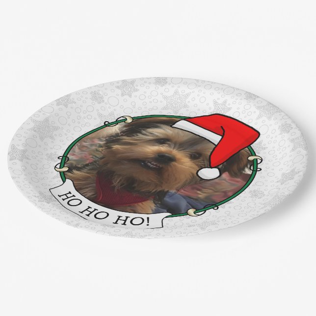 Custom Photo Christmas Santa Hat Pet HO HO HO Paper Plate (Angled)