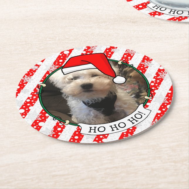 Custom Photo Christmas Santa Hat Pet HO HO HO Round Paper Coaster (Angled)