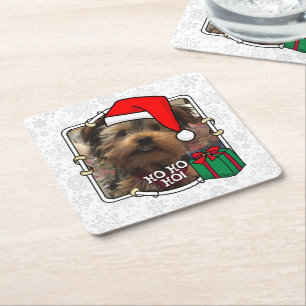 Custom Photo Christmas Santa Hat Pet HO HO HO Square Paper Coaster