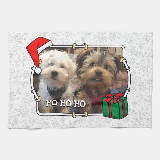 Custom Photo Christmas Santa Hat Pet HO HO HO Tea Towel (Horizontal)