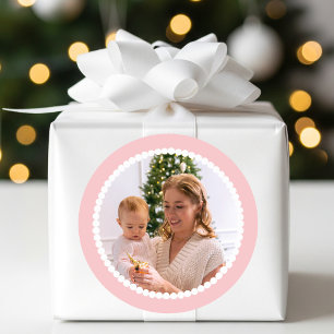 Custom Photo Christmas Snowball Frame Pink Classic Round Sticker