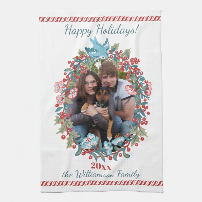Custom Photo Christmas Wreath Candy Cane Cute Tea Towel (Vertical)