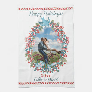 Custom Photo Christmas Wreath Couple Newlywed Tea Towel