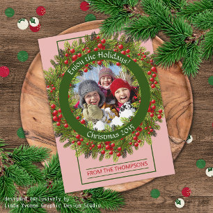 Custom Photo Classic Green Holly Red Berries Holiday Card