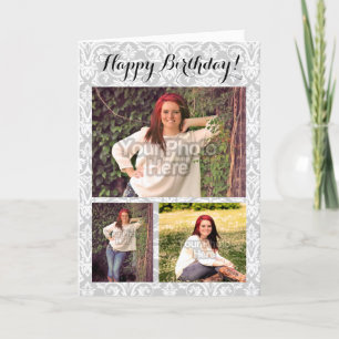 Custom Photo Collage 3 Picture Damask Birthday Card