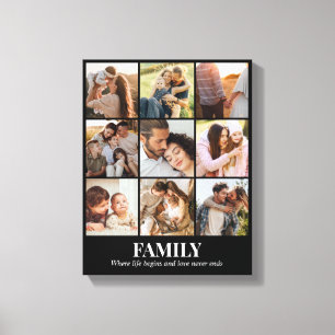 Custom Photo Collage 9 Pictures Grid 11x14 Black Canvas Print