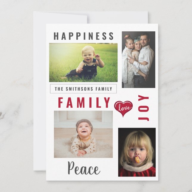Custom Photo Collage and Love Joy Peace Family Holiday Card (Front)