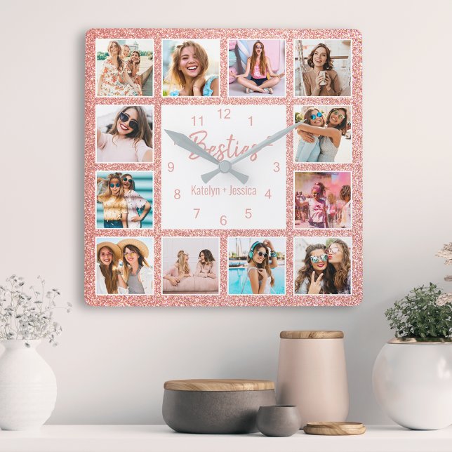 Custom Photo Collage Besties Blush Pink Glitter Square Wall Clock (Creator Uploaded)