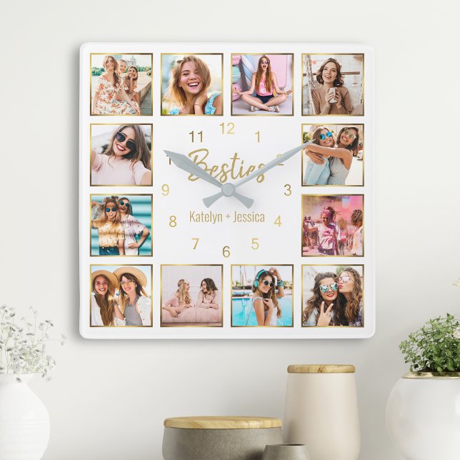 Custom Photo Collage Besties Gold White Square Wall Clock (Creator Uploaded)