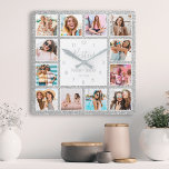 Custom Photo Collage Besties Silver Glitter Glam Square Wall Clock<br><div class="desc">Make this trendy elegant white and silver faux glitter photo collage wall clock unique with 12 of your favorite photos with your best friend(s). The design also features modern handwritten "Besties" script,  your names and the date you met.</div>